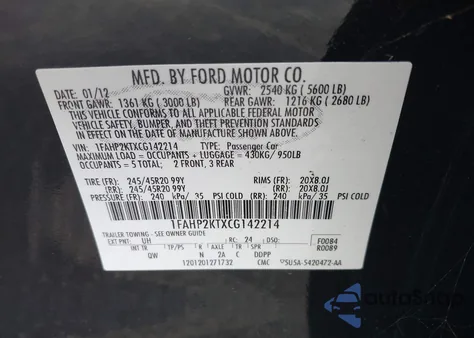 2012 Ford Taurus Sho z USA, uszkodzony, nr VIN 1FAHP2KTXCG142214